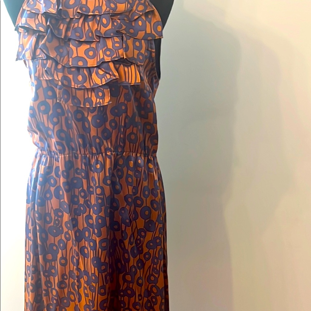 Ruffled Sleeveless Floral-Print Maxi Dress in Orange and Navy